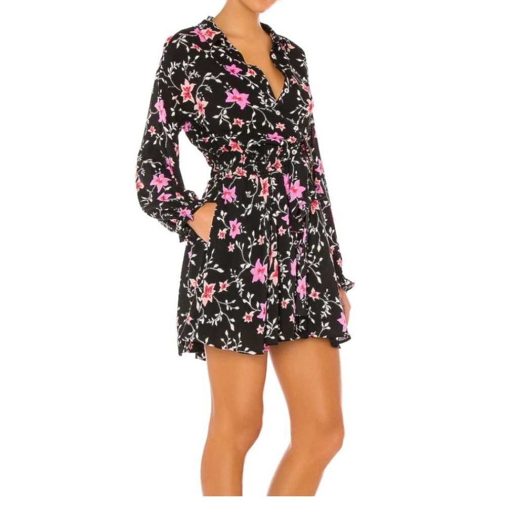 Free People Lighten-Up Mini Dress Black Floral Print Long Sleeve Women's Small